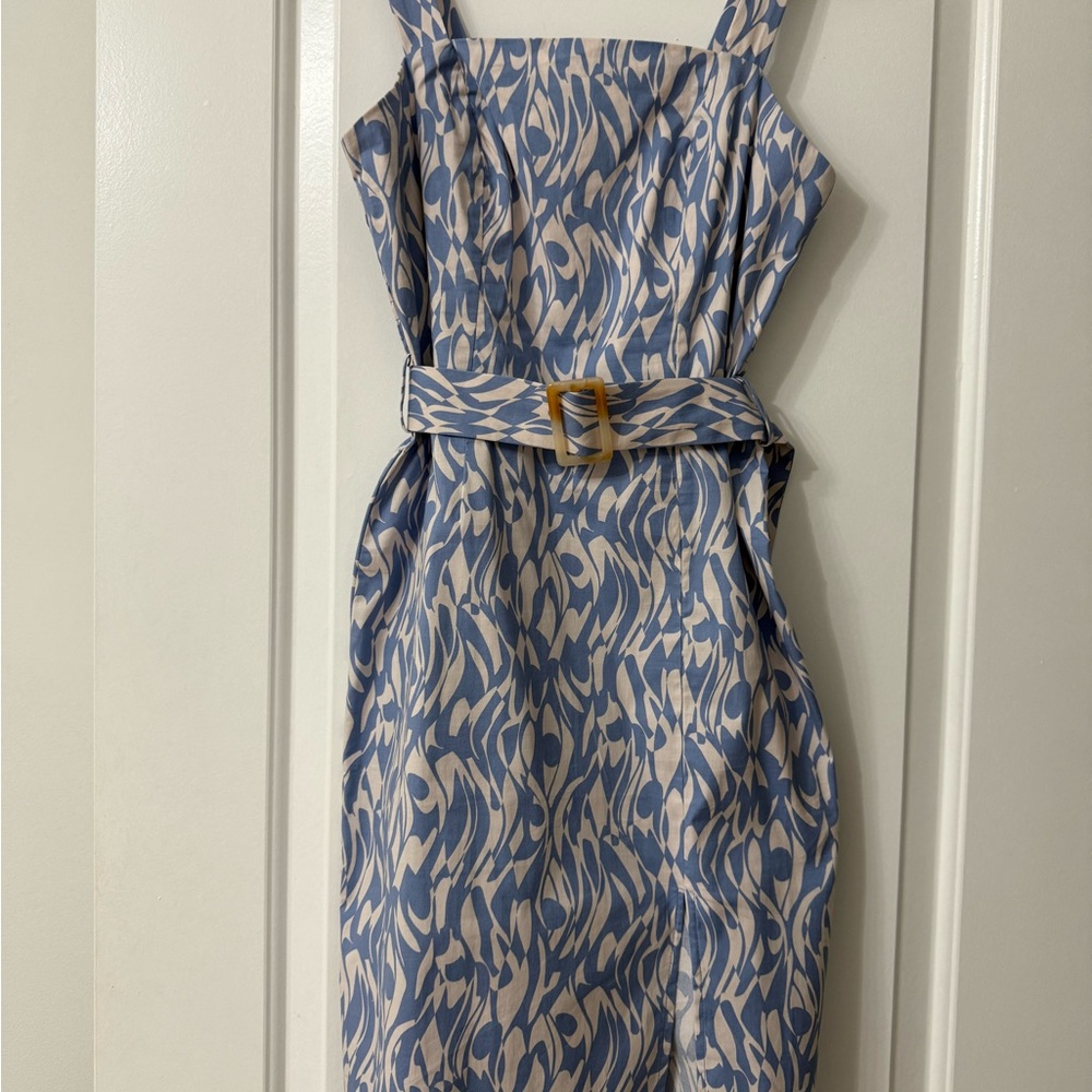 Monteau Blue and White Sheath Dress Sleeveless Square Neck Midi